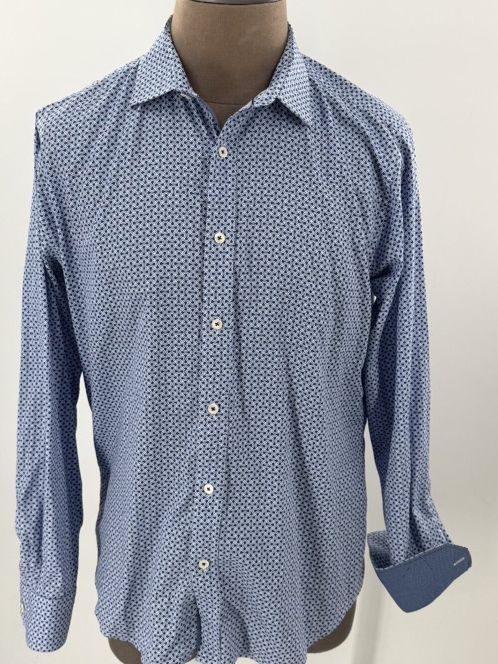 Bugatchi Shaped Fit Shirt Mens Blue White Geometric Print Long Sleeve Medium